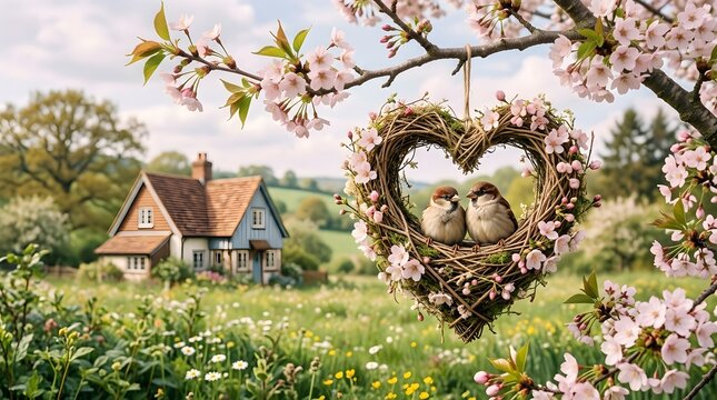 Two sparrows nestled in heart shaped wreath amidst spring blossom