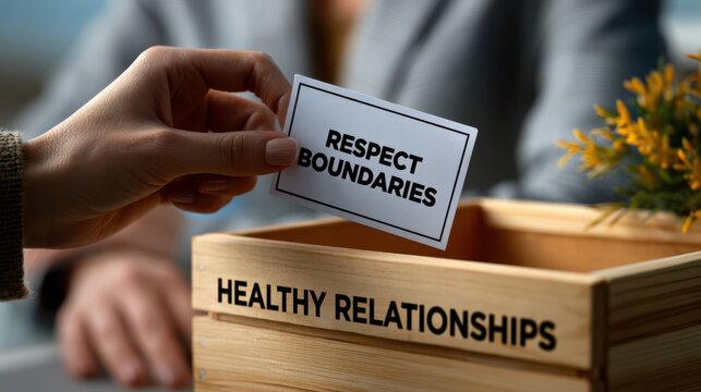 A hand places a "Respect Boundaries" card into a wooden box, symbolizing consent, personal space, and healthy interpersonal relationships in a tangible, respectful manner.