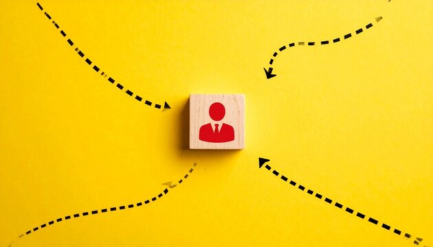 Wooden block person with converging arrows on yellow background