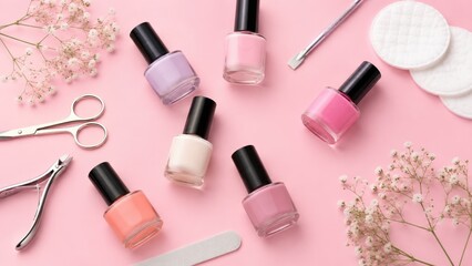 Obraz premium Pastel manicure flatlay with six nail polish bottles, manicure tools, cotton pads and delicate flowers on a soft pink background