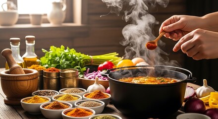 Person adding spices to a steaming pot in a rustic kitchen setting © riski