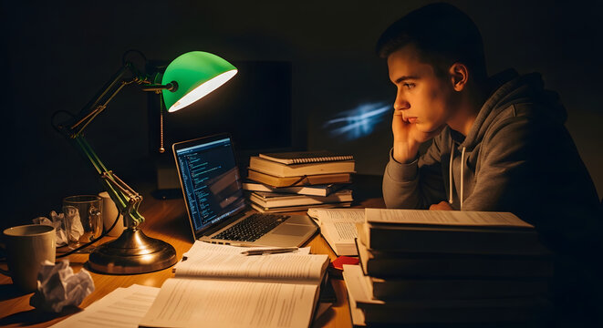 Tired young student studying code on laptop with many books at night under lamp.