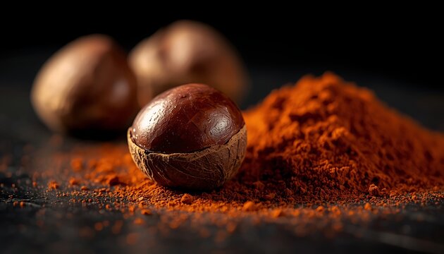 Close-up view of whole annatto seeds alongside their vibrant powdered spice form on a dark background