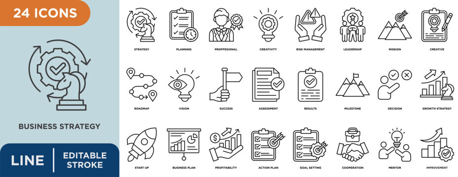 Business strategy line icon set with editable stroke for  planning, professional, creativity, risk management, roadmap, vision, leadership,and  mission