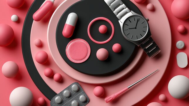 Various pregnancy prevention methods including pills and patches arranged in a circular layout representing contraception options for reproductive health.