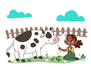 A happy cartoon girl offers a flower to a friendly cow in a green field.