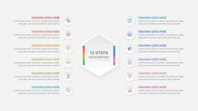 12 Steps Business Infographic Template with Hexagon Center and Icons
