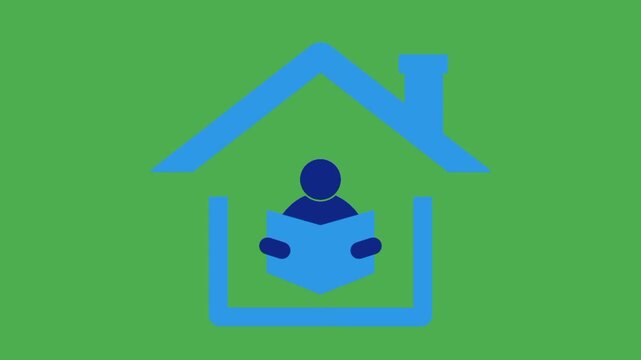 Home schooling icon featuring person reading inside house symbol. Education and learning at home concept.