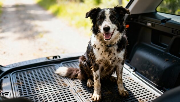 A playful dog, splashed with mud, sits joyfully in the trunk of a car. Sunlight filters through trees, highlighting the fun and excitement of outdoor exploration.