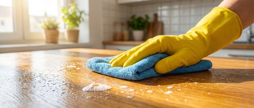 Person mit gelbem Gummihandschuh reinigt einen Holztisch mit einem blauen Mikrofasertuch in einer hellen, sonnigen K&uuml;che.