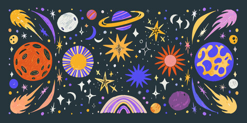 Planets And Stars Vector Illustration With Colorful Cosmic Elements © Anik