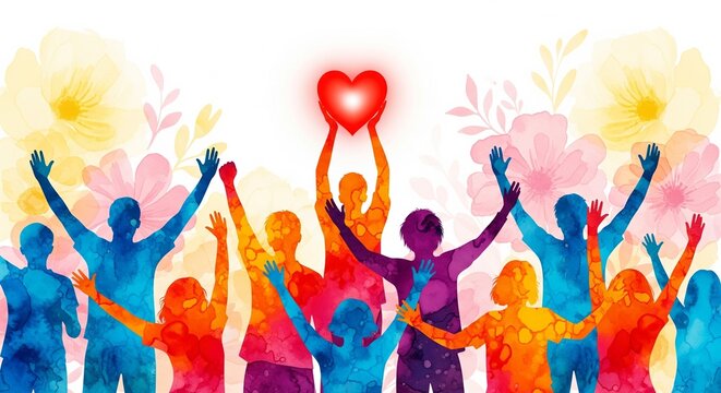 Diverse community silhouettes raising hands and holding a heart for love, unity and charity watercolor illustration