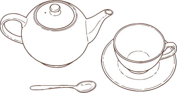 Brown icon of tea time teapot cup and saucer with spoon