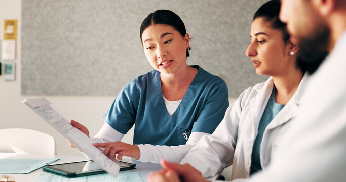 Meeting, documents and doctors with nurse in hospital for planning with diagnosis or treatment plan. People, discussion and team of healthcare workers with paperwork for medical service in clinic.