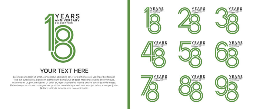 anniversary logo set multiple line style. green and black color on white background for celebration moment