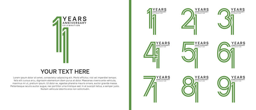 anniversary logo set multiple line style. green and black color on white background for celebration moment