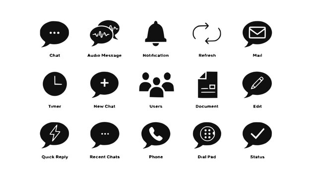 Communication Icons Set: Chat, Mail, Notification, Users, Phone, Status, Timer, Document
