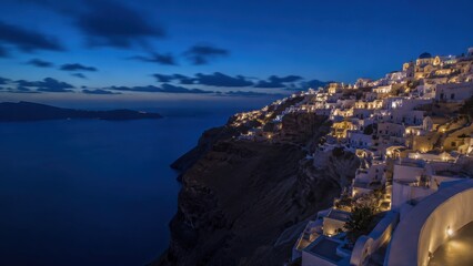 Obraz premium Santorini Island Coastal Architecture at Night Travel Destination Banner