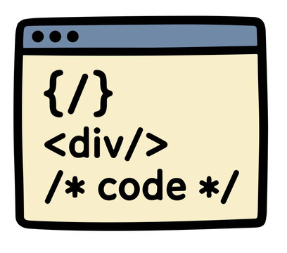 Hand drawn doodle of a web browser window with programming code
