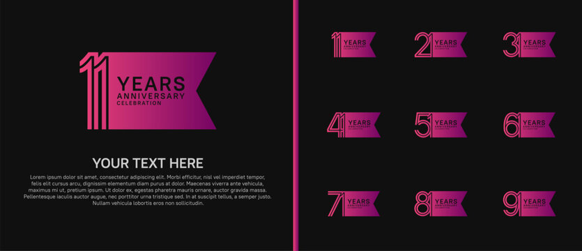 anniversary logo set with ribbon shape. purple color on black background for celebration moment