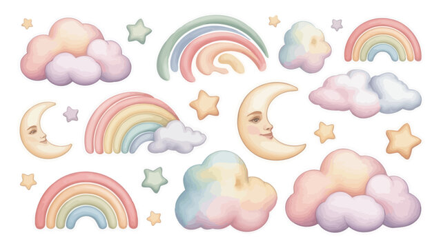 Pastel rainbow clouds moon stars sticker set for kids baby nursery decoration