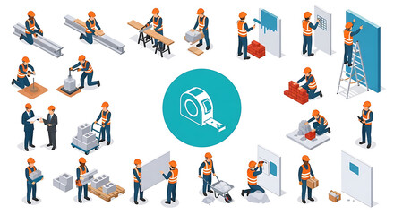 Fototapeta premium Isometric construction worker character collection showing diverse building site tasks and home renovation processes on white background with construction isometric building industrial collection
