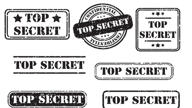 Grunge Top Secret rubber stamp collection, vintage confidential ink seal set, 7 black distressed office stamps for classified documents and security
