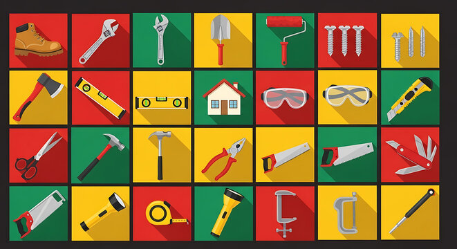 Comprehensive flat design hand tools icon set arranged in colorful grid for diy home repair and professional construction graphic design with hardware workshop construction equipment screwdriver