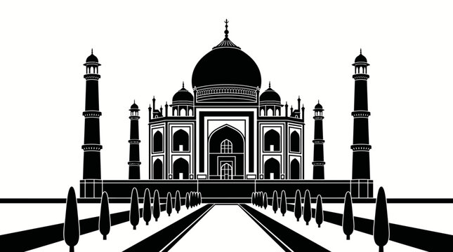 Taj Mahal silhouette, iconic Mughal mausoleum in Agra India, white marble dome with minarets reflected in pool symbolizing eternal love and heritage