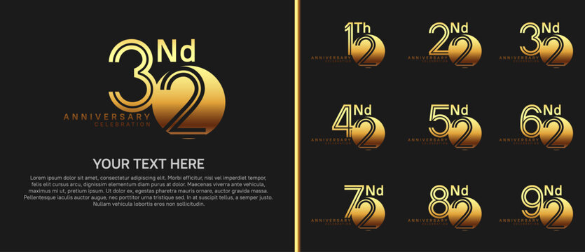 anniversary logo set with circle. golden color on black background for celebration moment