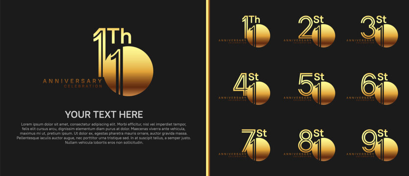 anniversary logo set with circle. golden color on black background for celebration moment