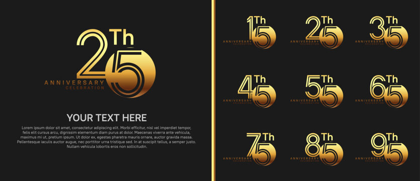 anniversary logo set with circle. golden color on black background for celebration moment