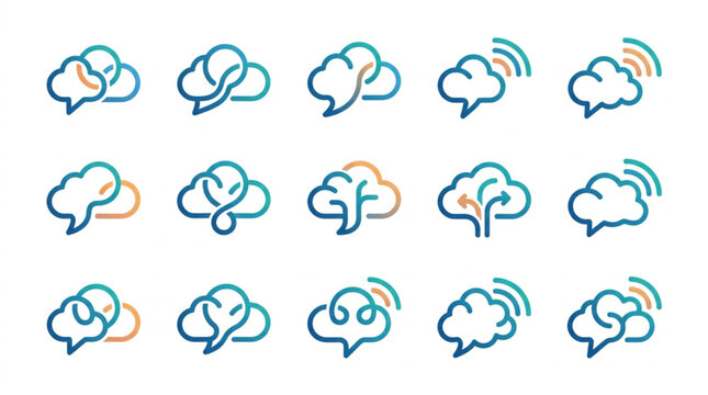 Collection of abstract brain and speech bubble icons.