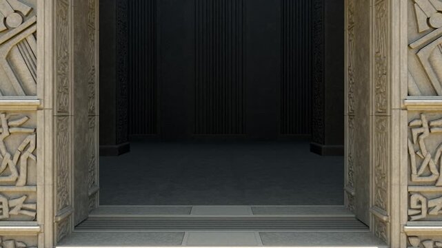 彫刻が施された黒曜石と玄武岩の扉が開き現れる神秘的な暗黒の神殿空間
