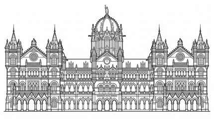 Fototapeta premium Chhatrapati Shivaji Maharaj Terminus silhouette, ornate Gothic Revival railway station in Mumbai India, historic colonial architecture landmark showcasing cultural heritage and design