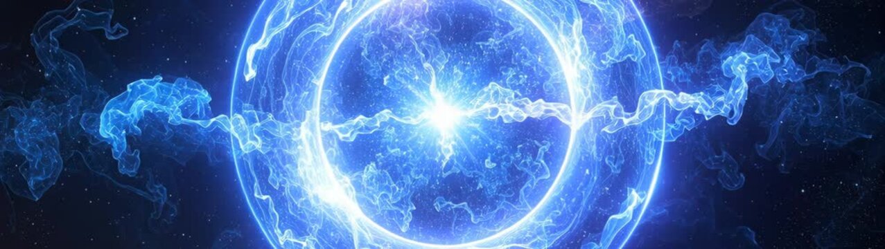 Cosmic plasma ring emitting radiant blue and purple light with subtle star particles in the surrounding deep space.