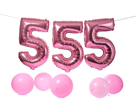 A pink metallic balloon banner with the number 555 and six pink balloons