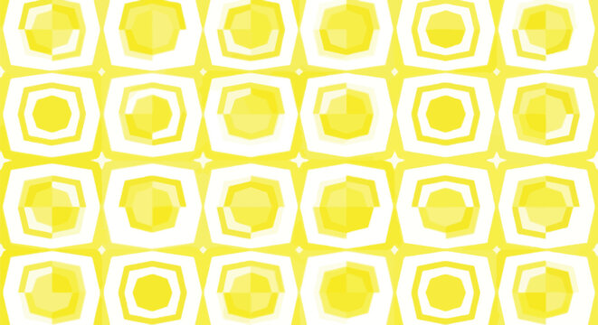 Bright yellow geometric pattern background, abstract tessellation of polygonal shapes, modern symmetrical design, repeating sunburst motif, cheerful digital art, decorative wallpaper.
