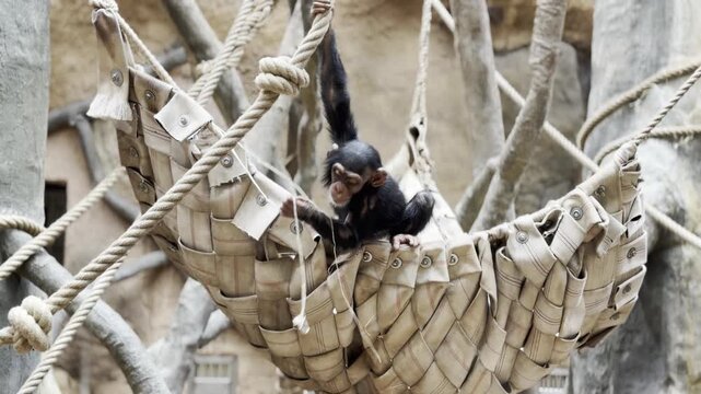 Baby chimpanzee on rope hammock