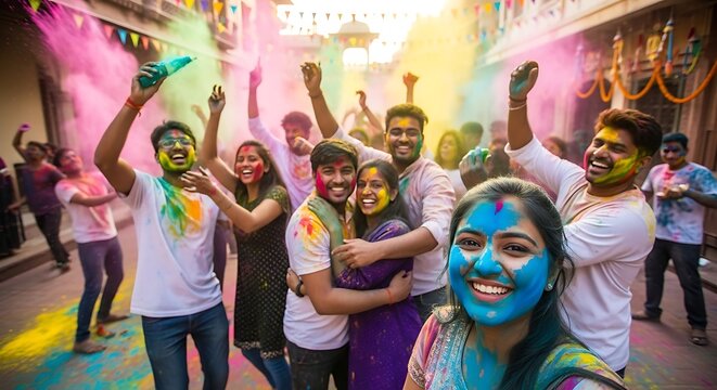 Diverse friends celebrating Holi festival with colorful powder in India