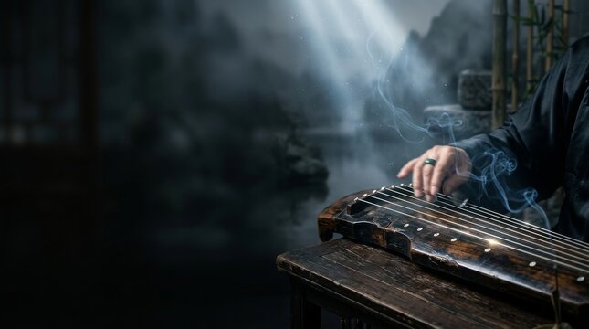 Musician Playing Guqin Instrument Amidst Misty Mountain Landscape and Flowing Water
