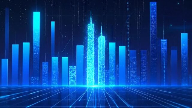 Abstract digital city with glowing bars and data streams in the dark