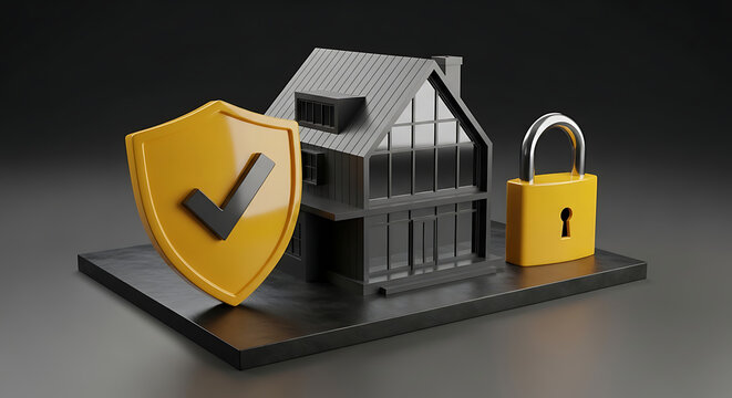 Home insurance and security concept with house model and shield insurance security protection property business warranty residential investment