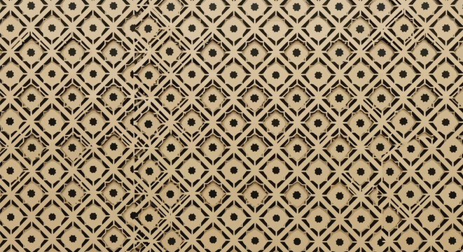 Traditional islamic tile pattern in dark brown and beige featuring intricate floral stars and geometric lattice motifs for cultural architectural textures.