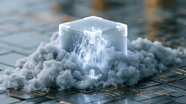 A futuristic ice cube sits on a cloud amidst a technological circuit board background