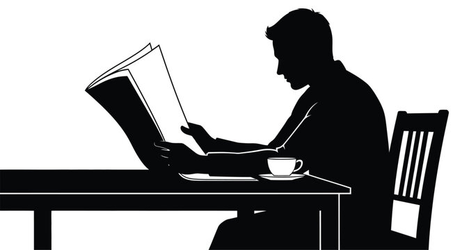 Man Reading Newspaper At Table Black And White Silhouette