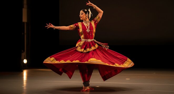 Indian Kathak dancer performing classical movement in a red costume on stage