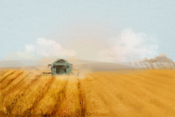 Fototapeta premium Agriculture aesthetic background, watercolor field illustration
