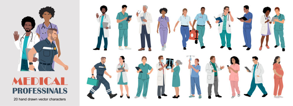 Diverse medical professionals and healthcare workers vector set. Doctors, nurses, paramedics and hospital staff in different poses for healthcare, medicine and clinic concepts.