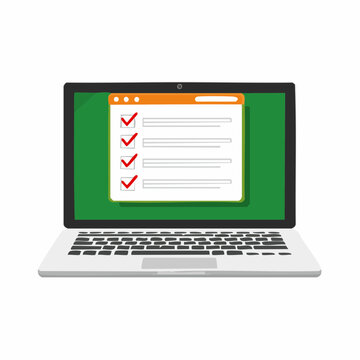 Laptop screen displays a completed checklist with red checkmarks on a green background interface